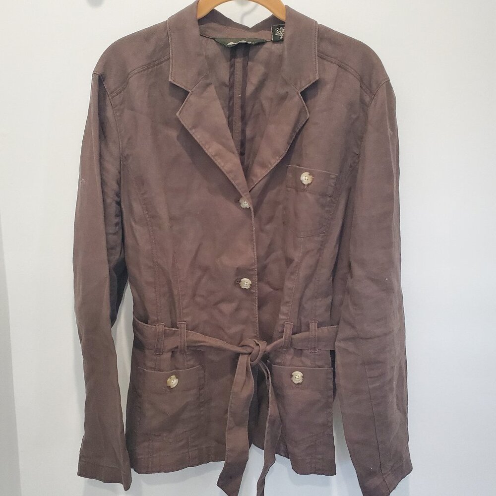 Eddie Bauer Women's Vintage Brown 100% Linen Safari Style Belted Jacket  16